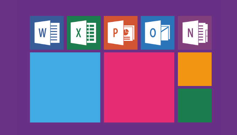 Icons for Microsoft Word, Excel, PowerPoint, Outlook, and OneNote arranged in a tiled layout with solid colour blocks.
