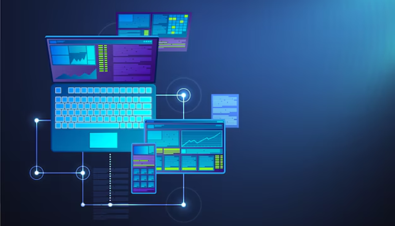 Digital illustration of multi-device network with laptops, desktops, and smartphones displaying charts and analytics, representing software solutions, business intelligence, and data connectivity through IT Audit